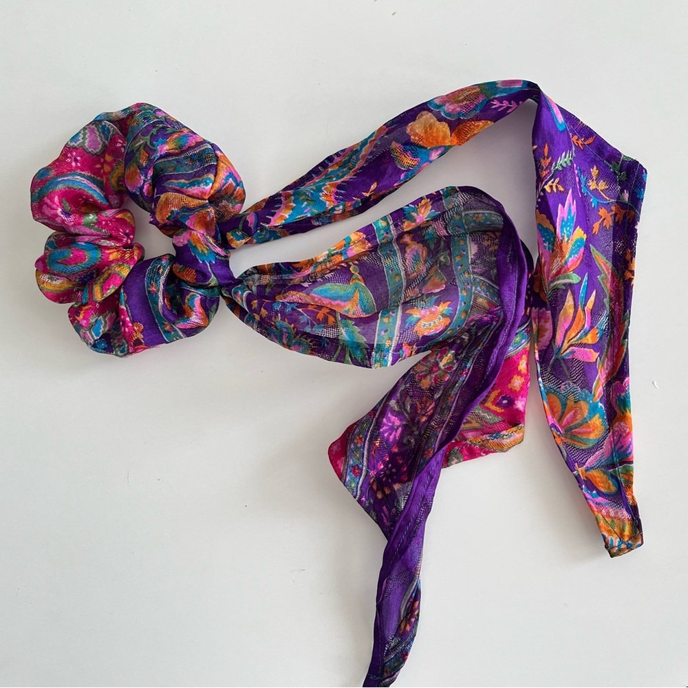 Boho Scrunchie detachable scarf bow 100% vintage silk  retro western rodeo